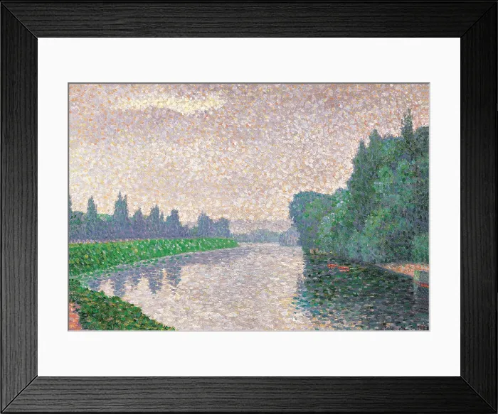 Framed Print : River Bank, by Paul Signac, 19th Century, oil on canvas - France, Paris, Muse d'Orsay. Whole artwork view. River view in a puntinist style