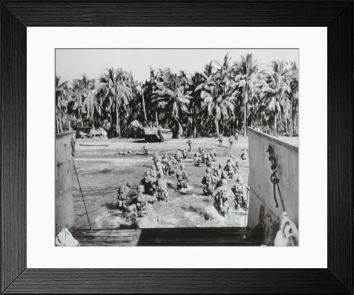 Framed Print : U.S. troops wade ashore, across heavily mined beaches, during invasion of Cebu Island. March 26, 1945. Philippines, World War 2. (BSLOC_2014_10_112)