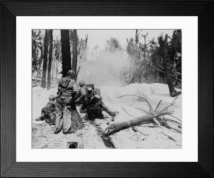 Framed Print : U.S. soldiers blasting some Japanese out of a pillbox on Kwajalein Atoll with a 37mm anti-tank gun. Jan. 31, 1944. Marshall Islands, World War 2. (BSLOC_2014_10_105)