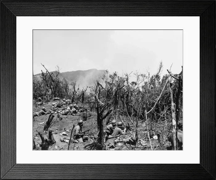 Framed Print : U.S. Troops dug in on Hill 604, Villa Verde Trail, fire on Japanese positions over the next ridge. April 1, 1945. Manila, Luzon Island, Philippines, World War 2