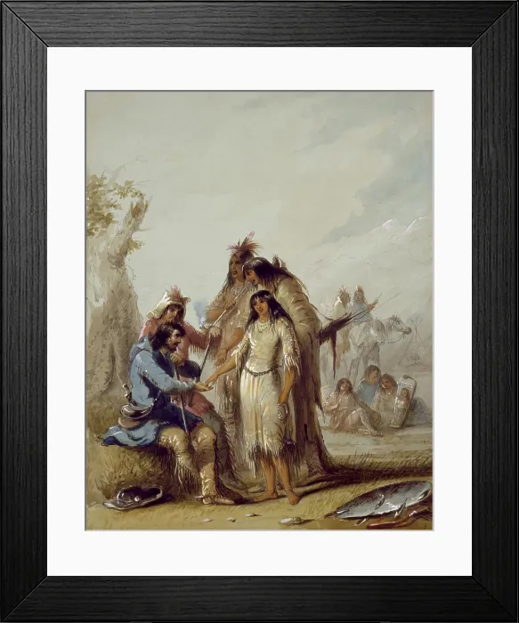 Framed Print : THE TRAPPERS BRIDE, 1858-1860, by Alfred Jacob Miller, painting, watercolor on paper. A trapper is taking a wife, or possibly purchasing one