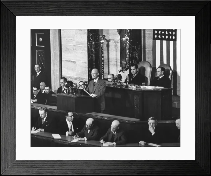 Framed Print : President Dwight Eisenhower delivering his 1954 State of the Union address to Congress. Jan. 7, 1954. VP Nixon and Speaker of the House Joseph Martin, sit behind the President