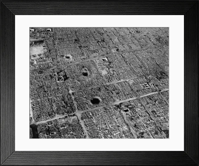 Framed Print : Aerial view of Osaka, Japan, after firebombing by U.S. incendiary bombs. The city suffered three bombing campaigns by B-29 Superfortresses from March to August 1945 Framed Print : Aerial view of Osaka, Japan, after firebombing by U.S. incendiary bombs. The city suffered three bombing campaigns by B-29 Superfortresses from March to August 1945