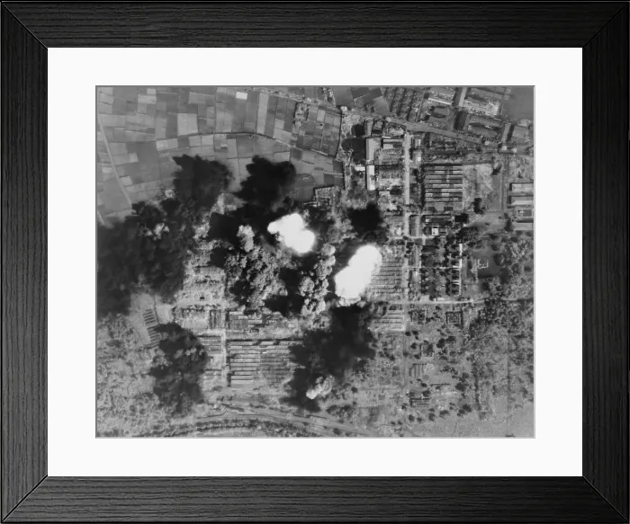 Framed Print : Aerial view of Hitachi Aircraft Co. in Tachikawa, Japan. It was bombed by U.S. B-29 Superfortresses in 1945. World War 2. (BSLOC_2014_10_117)