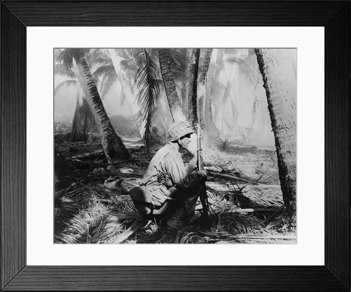 Framed Print : U.S. Soldiers crouch on palm fronds as they push ahead on Makin Atoll in the Gilbert Islands. Nov. 20-23, 1943. U.S Framed Print : U.S. Soldiers crouch on palm fronds as they push ahead on Makin Atoll in the Gilbert Islands. Nov. 20-23, 1943. U.S