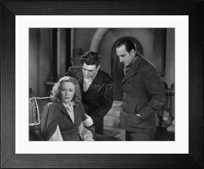 Framed Print : THE HOUND OF THE BASKERVILLES, from left: Wendy Barrie, Richard Greene, Basil Rathbone, 1939, TM and copyright 20th Century Fox Film Corp