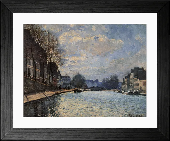 Framed Print : View of the Canal Saint Martin, by Alfred Sisley, 1870, 19th Century, oil on canvas - France, Paris, Muse d'Orsay. Whole artwork view. View of the canal with the two levees Framed Print : View of the Canal Saint Martin, by Alfred Sisley, 1870, 19th Century, oil on canvas - France, Paris, Muse d'Orsay. Whole artwork view. View of the canal with the two levees
