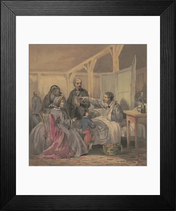 Framed Print : A hospitalized wounded soldier gestures as he speaks to his bedside visitors