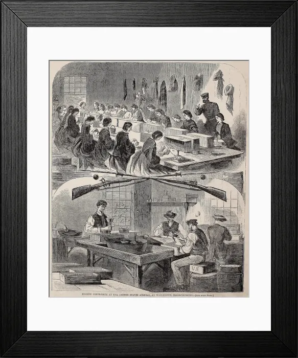 Framed Print : Men and women workers filling cartridges at the United States Arsenal, Watertown, Mass. The gun powder is inserted into the cartridge by men (lower picture) Framed Print : Men and women workers filling cartridges at the United States Arsenal, Watertown, Mass. The gun powder is inserted into the cartridge by men (lower picture)