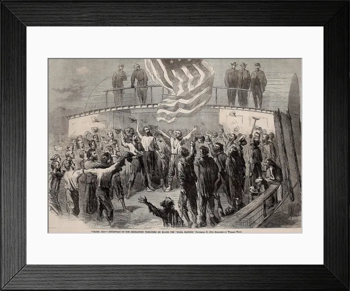 Framed Print : Exchanged Union prisoners celebrate aboard the Eliza Hancock, Nov. 18, 1864. These men were among the healthiest survivors of Andersonville prison in Georgia