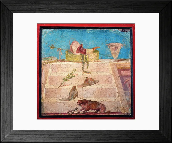 Framed Print : Dionysus Symbols, by unknown artist, ripped fresco, 46 x 46 cm - Italy, Campania, Naples, National Archaeological Museum, Room LXVI, inv. 8795. Whole artwork view