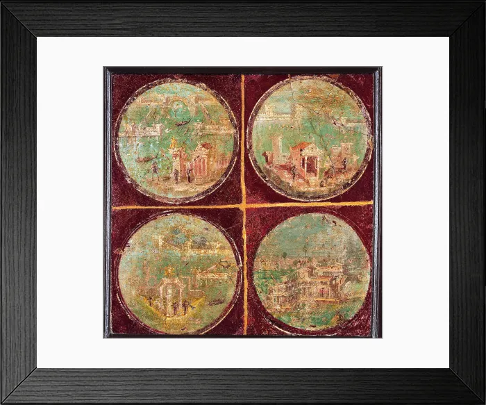 Framed Print : Medallions with Landscapes, by unknown artist, 45-79, 1st Century A.D. ripped fresco, 52 x 52 cm - Italy, Campania, Naples, National Archaeological Museum, Room LXVIII, inv