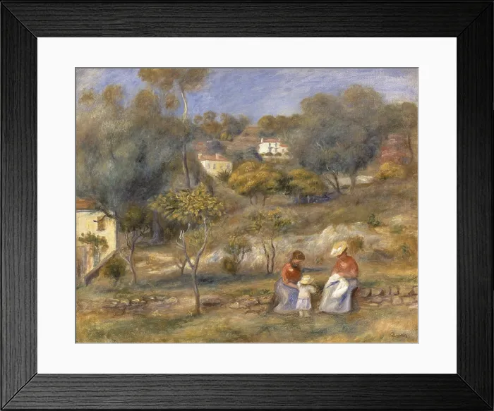 Framed Print : Two Women and a Child, by Pierre-Auguste Renoir, 1902, 20th Century - Private Collection. Whole artwork view. Two women sitting on a low wall with a child in the countryside