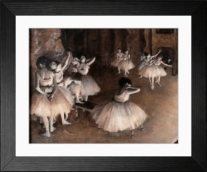 Framed Print : Rehearsal on Stage, by Edgar Degas, 1874, 19th Century, oil on canvas - France, Paris, Muse d'Orsay. Detail. A group of dancers rehearsing their show on the theater stage