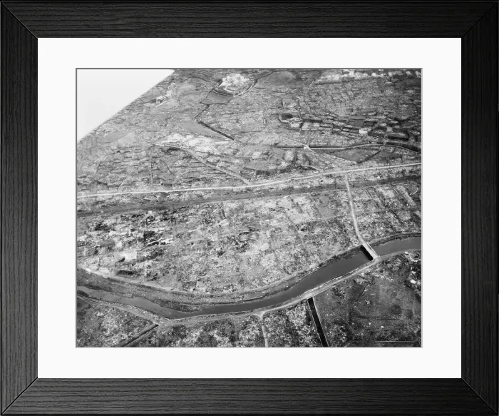 Framed Print : Aerial view of Nagasaki, Japan, after atomic bombing of Aug. 9, 1945. The hilly geography of Nagasaki limited the damage to the Urakami Valley and part of downtown Nagasaki Framed Print : Aerial view of Nagasaki, Japan, after atomic bombing of Aug. 9, 1945. The hilly geography of Nagasaki limited the damage to the Urakami Valley and part of downtown Nagasaki