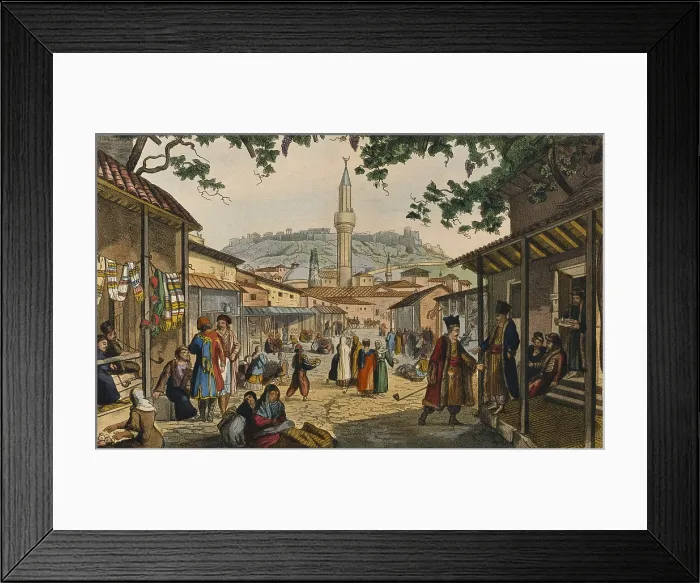 Framed Print : The market of Athens, 19th Century, colored lithograph - Private Collection. Whole artwork view. Men and women at the street market of Athens under the ottoman rule