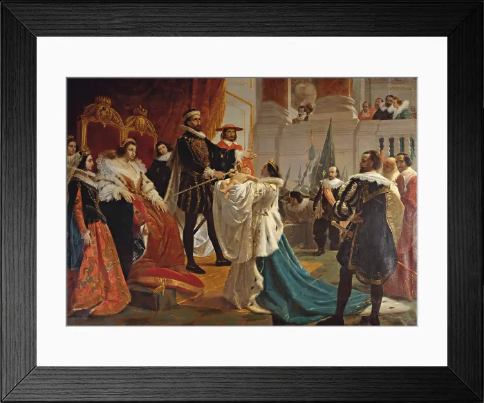 Framed Print : Henry the Fourth puts his sword in the hand of his son, by Agostino Caironi, 19th Century, oil on canvas - Italy, Lombardy, Milan, Brera Collection. Whole artwork view