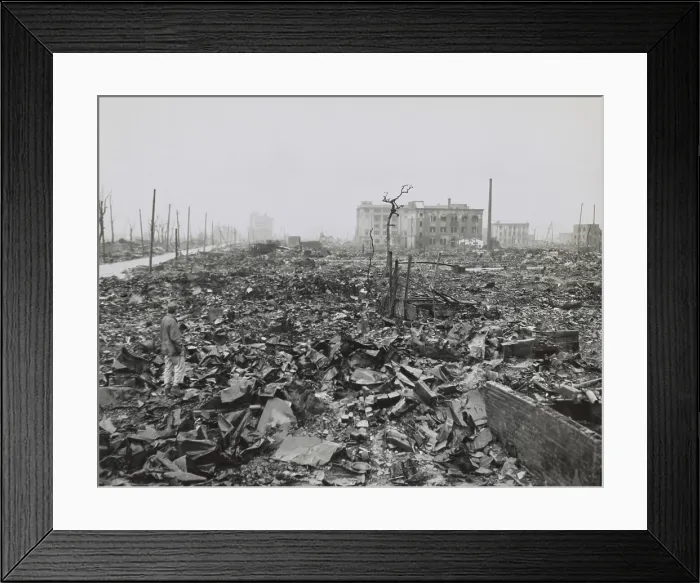 Framed Print : Hiroshima ruins were documented by U.S. Navy photographer Stanley Troutman on Sept. 7, 1945. In this photo, Troutman is standing in left foreground. World War 2 Framed Print : Hiroshima ruins were documented by U.S. Navy photographer Stanley Troutman on Sept. 7, 1945. In this photo, Troutman is standing in left foreground. World War 2