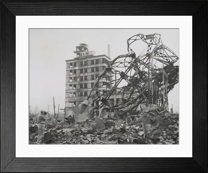Framed Print : News photographer (lower left) documenting ruins in Hiroshima in 1947. It is possibly Stanley Troutman, returning to the ruins he photographed as a combat photographer in Sept Framed Print : News photographer (lower left) documenting ruins in Hiroshima in 1947. It is possibly Stanley Troutman, returning to the ruins he photographed as a combat photographer in Sept