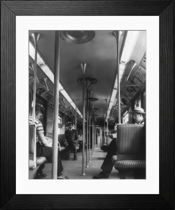 Framed Print : New York City subway car interior with fluorescent lighting, introduced in 1950. (BSLOC_2015_14_197)
