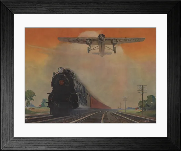 Framed Print : Steam powered locomotive and Ford Tri-Motor airplane speeding through in rural landscape. Poster for Pennsylvania Railroad with painting by Grif Teller. 1931. (BSLOC_2015_14_192)