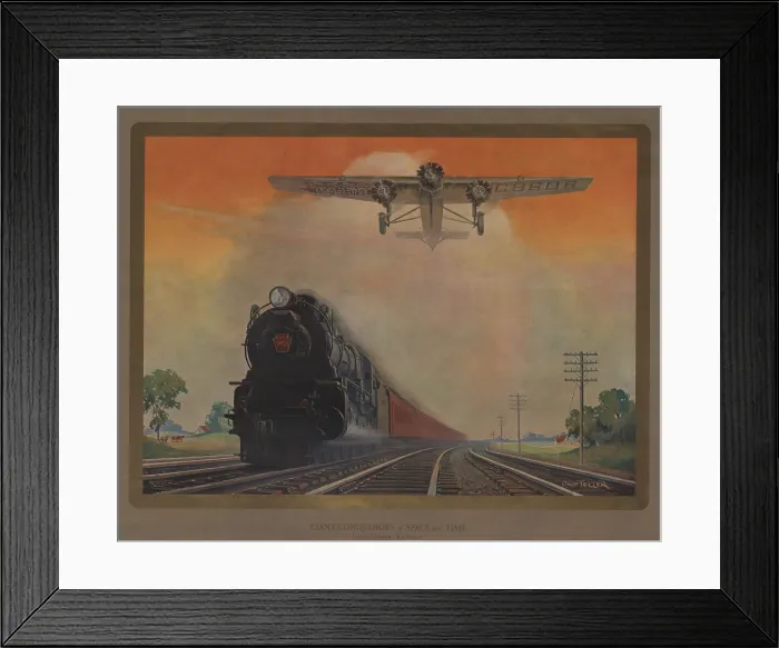 Framed Print : Steam powered locomotive and Ford Tri-Motor airplane speeding through in rural landscape. Poster for Pennsylvania Railroad with painting by Grif Teller. 1931. (BSLOC_2015_14_191)