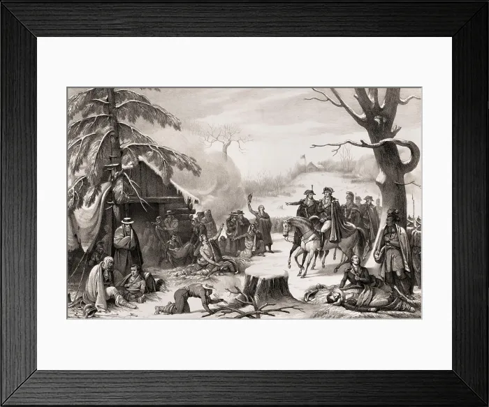 Framed Print : American Revolution. Valley Forge, Pennsylvania, Winter 1777. General George Washington and Lafayette visiting the soldiers quarters at Valley Forge