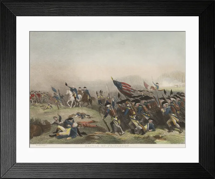 Framed Print : American Revolution. Battle of Princeton, Jan. 3, 1777. Continential Army infantry charging from right foreground toward British troops in left background