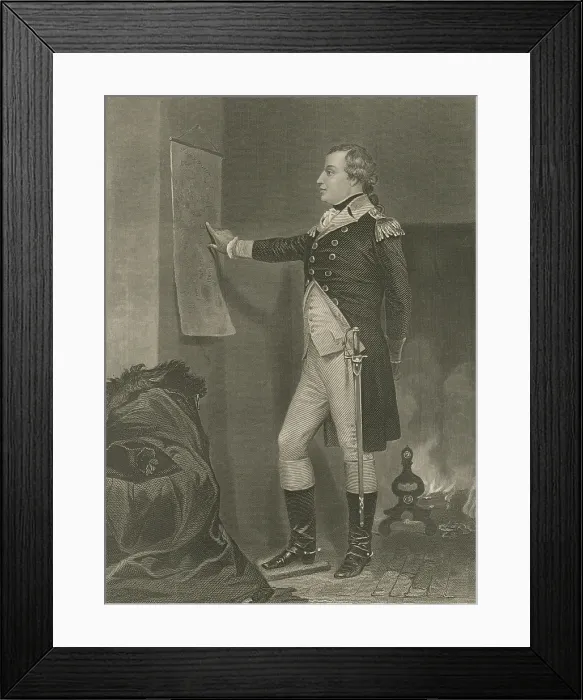 Framed Print : Portrait of a uniformed Major General Richard Montgomery, studying a wall map. He was a Anglo-Irish Veteran of two British wars: Seven Years War and Pontiacs War