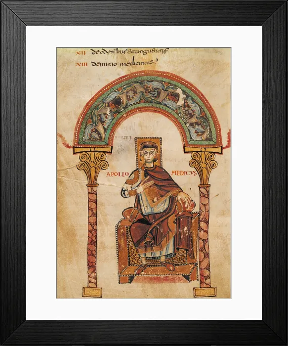 Framed Print : Apollo Medicus. From the Etymologiae of Isidore of Seville, by unknown artist, 1160, 12th Century, miniature - Italia, Piedmont, Vercelli, Capitolare Library. Whole artwork view
