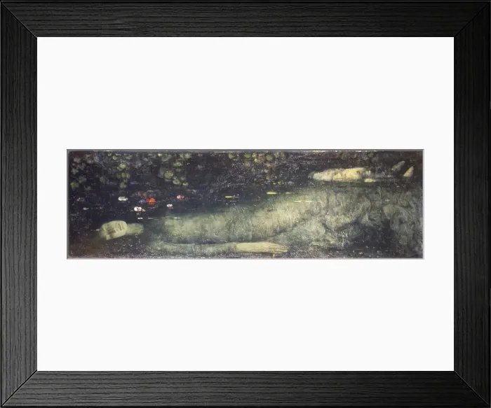 Framed Print : Ophelia, by Felice Carena, 1912, 20th Century, oil on canvas - Private collection. Whole artwork view. Drowned Ophelia lies in the water