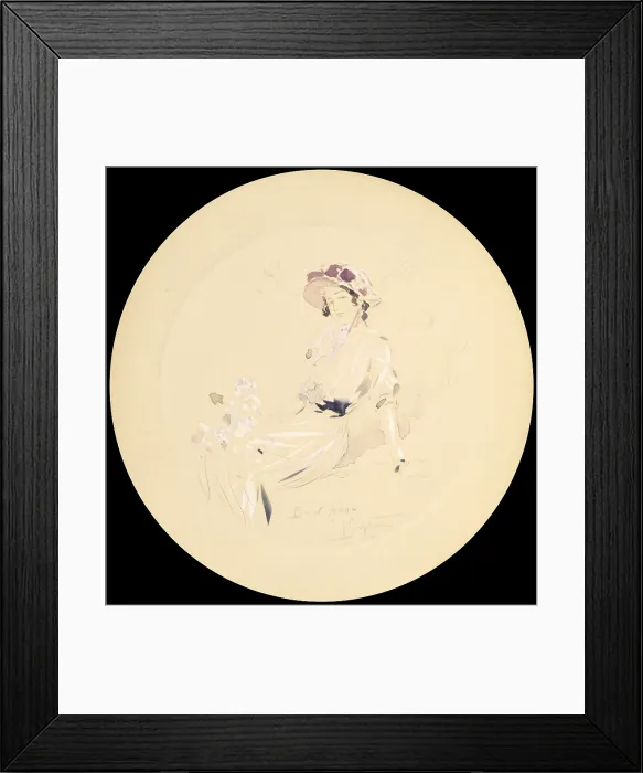 Framed Print : Happy New Year!, by Pietro Scoppetta, 1900, 20th Century, watercolor on paper - Private collection. Whole artwork view. Round with a young girl sitting among the flowers
