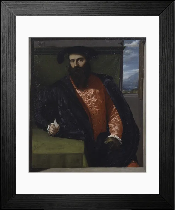 Framed Print : Portrait of a Gentleman, by Alessandro Bonvicino also known as Moretto da Brescia, 1535 - 1540, 16th Century, oil on canvas - Italy, Lombardy, Brescia
