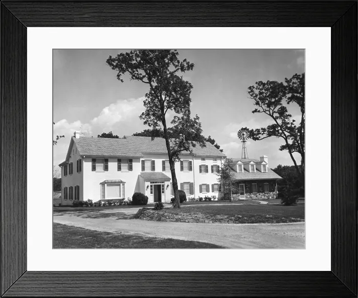 Framed Print : President Eisenhower's main house at his Gettysburg farm. June 3, 1955. The building was renovated from 1953-55 at a cost of $250, 000 (equal to over $2 million in 2010) Framed Print : President Eisenhower's main house at his Gettysburg farm. June 3, 1955. The building was renovated from 1953-55 at a cost of $250, 000 (equal to over $2 million in 2010)