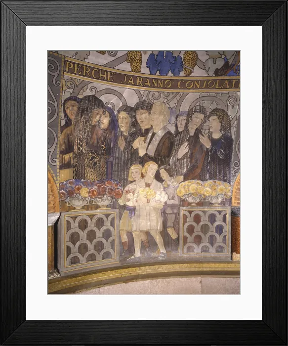 Framed Print : Procession of women Sommacampagna accompanied by a Priest, by Angelo Zamboni, 1921, 20th Century, tempera on wall - Italy, Veneto, Sommacampagna, Church of Salvation. Detail