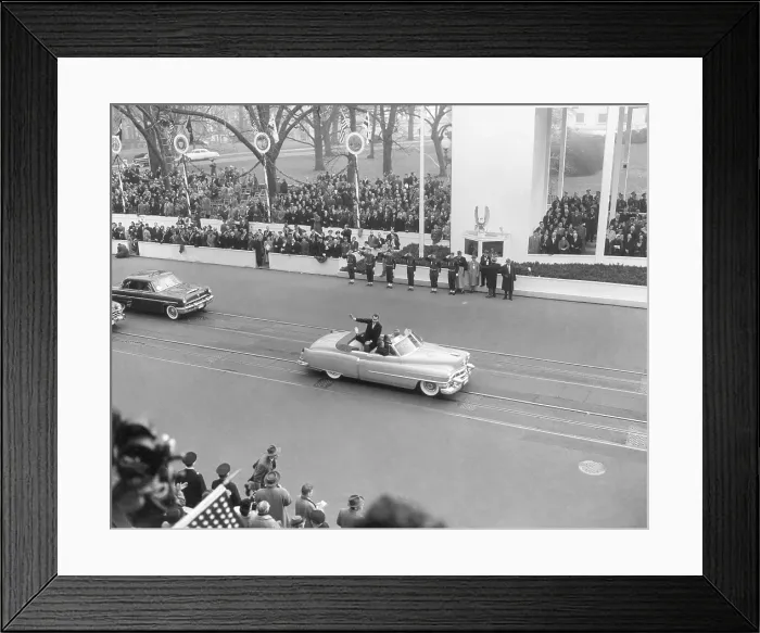 Framed Print : Vice President Richard Nixon standing in an open car in the inaugural parade. Jan. 20, 1953. Pat Nixon's white glove waves to the crowd. - (BSLOC_2014_16_25)