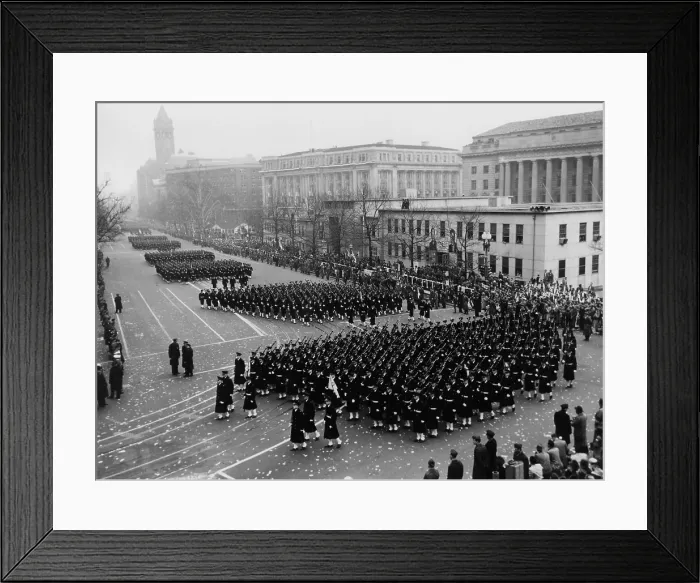 Framed Print : Cadets from the U.S. Navel Academy marching in Eisenhower's Inaugural Parade on Pennsylvania Avenue. Jan. 20, 1953. - (BSLOC_2014_16_28)