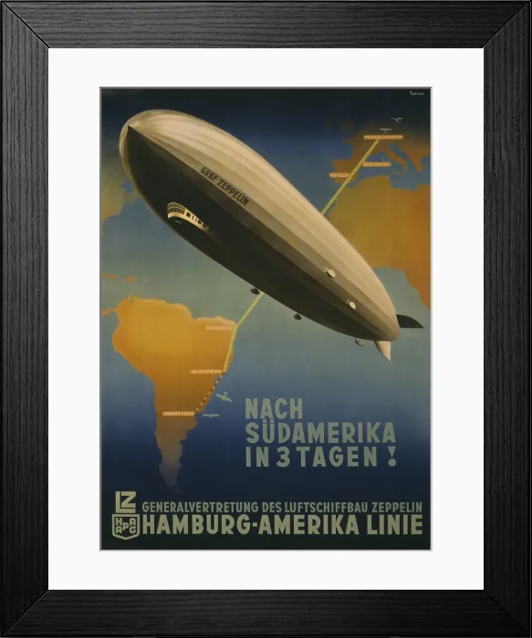 Framed Print : Three Days to South America! Hamburg-America Line. Travel Poster promoting Graf Zeppelin route from Friedrichshafen to Buenos Aires. 1937. (BSLOC_2015_14_207) Framed Print : Three Days to South America! Hamburg-America Line. Travel Poster promoting Graf Zeppelin route from Friedrichshafen to Buenos Aires. 1937. (BSLOC_2015_14_207)