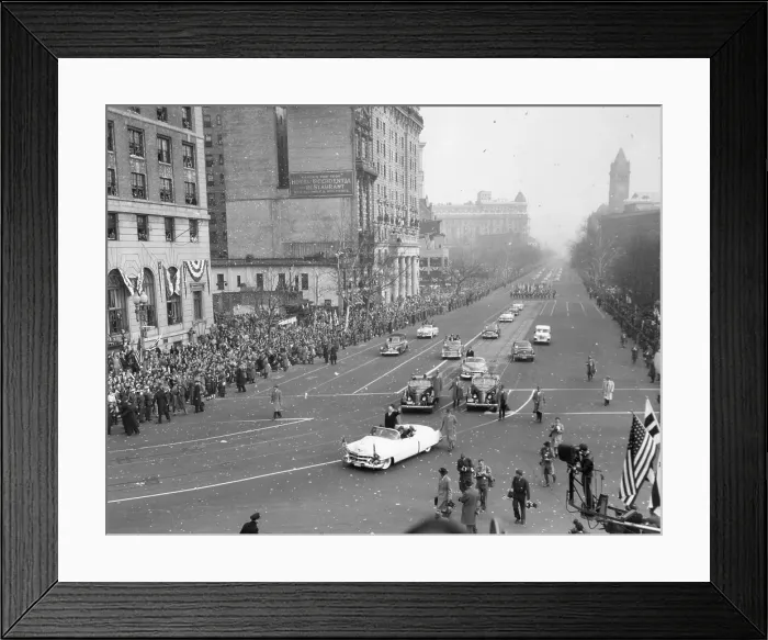 Framed Print : President Eisenhower standing in an open car in the inaugural parade. Jan. 20, 1953 Framed Print : President Eisenhower standing in an open car in the inaugural parade. Jan. 20, 1953