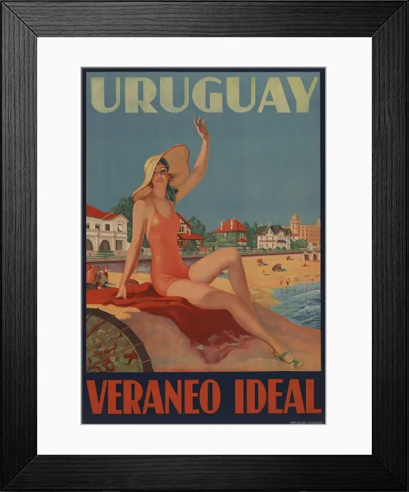 Framed Print : Uruguay, Veraneo Ideal. (Uruguay-Ideal Summer Holiday). 1930s travel poster shows a bathing beauty at the beach. (BSLOC_2015_14_208) Framed Print : Uruguay, Veraneo Ideal. (Uruguay-Ideal Summer Holiday). 1930s travel poster shows a bathing beauty at the beach. (BSLOC_2015_14_208)