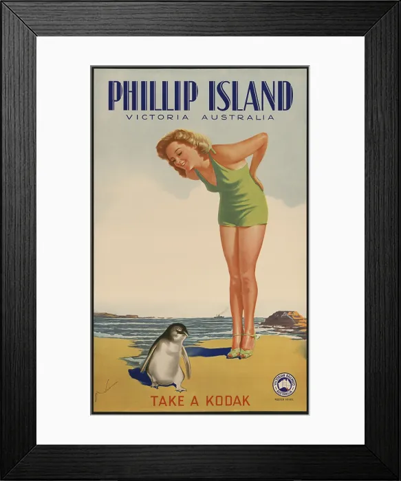 Framed Print : Phillip Island, Victoria, Australia. Take a Kodak. 1930s travel poster for Victorian Railways Australia of a bathing beauty on a beach with a penguin. (BSLOC_2015_14_209)