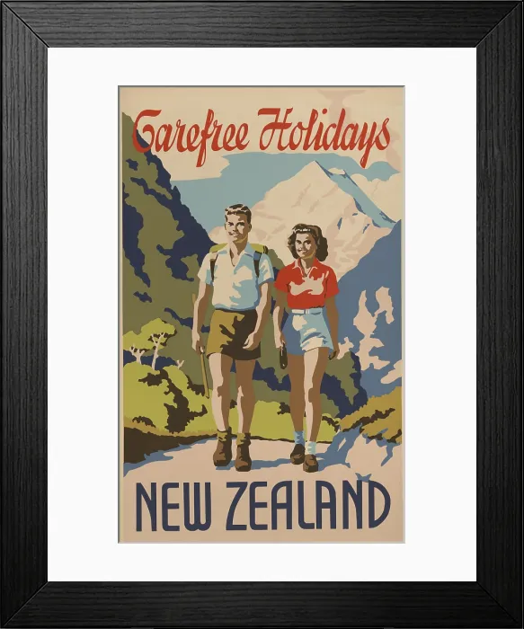 Framed Print : Carefree holidays New Zealand. 1930's travel poster shows a young man and woman hiking in the mountains. (BSLOC_2015_14_210)