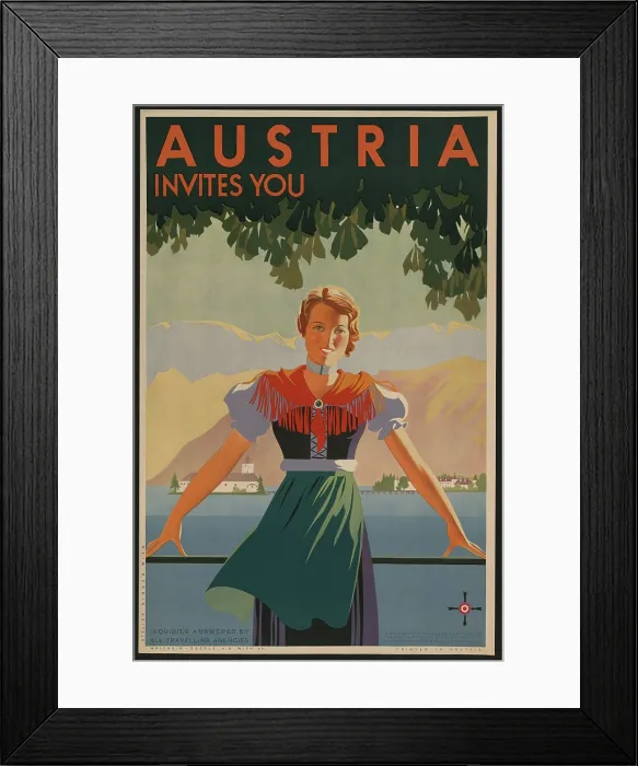 Framed Print : Austria Invites You! 1934 travel poster shows young woman in front of stylized village and mountains. (BSLOC_2015_14_212)
