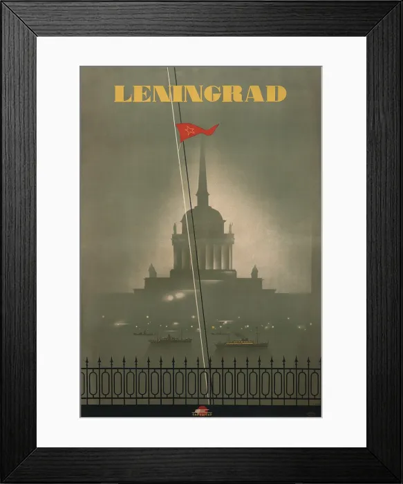Framed Print : 1950s travel poster for Leningrad, now St. Petersburg. Image shows Russian Admiralty building with ships on the Neva River. (BSLOC_2015_14_213)