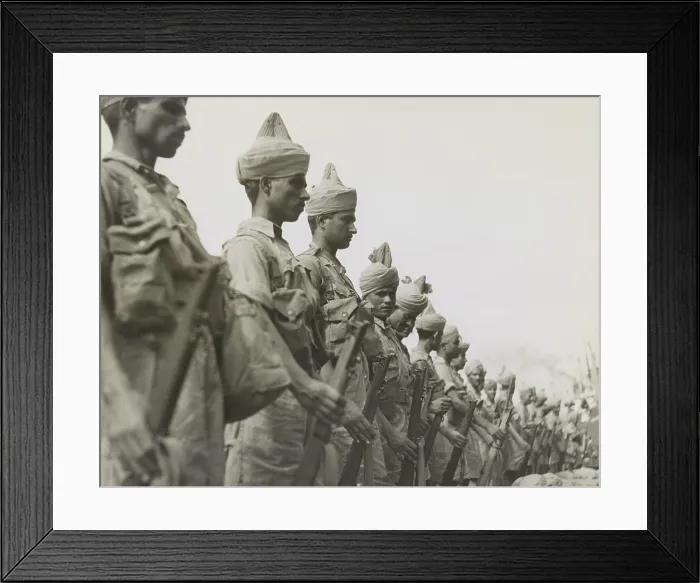 Framed Print : Newly arrived British Indian soldiers stand at attention prior to inspection at Singapore. Ca. Dec. 1941. World War 2. (BSLOC_2014_10_145) Framed Print : Newly arrived British Indian soldiers stand at attention prior to inspection at Singapore. Ca. Dec. 1941. World War 2. (BSLOC_2014_10_145)