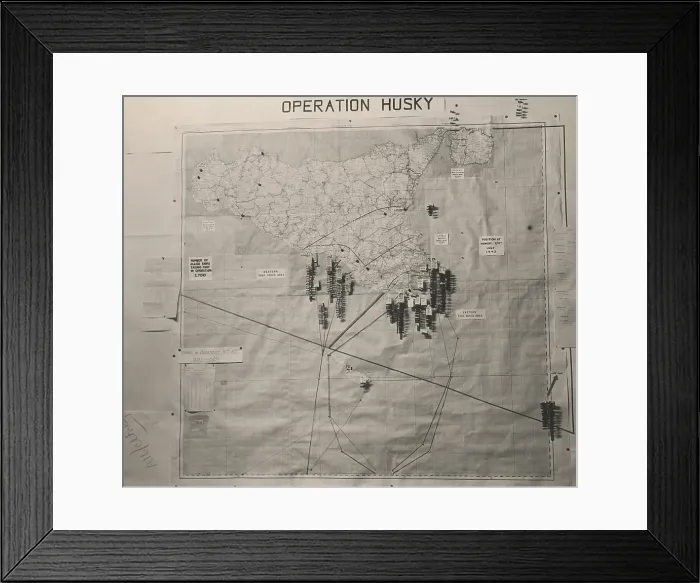 Framed Print : Operation Husky battle plan for the invasion of Sicily in the White House Map Room. August 1943, World War 2. (BSLOC_2014_10_149)