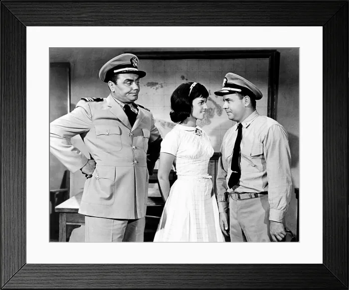 Framed Print : McHALE'S NAVY, from left, Ernest Borgnine, Claudine Longet, Tim Conway, 1964