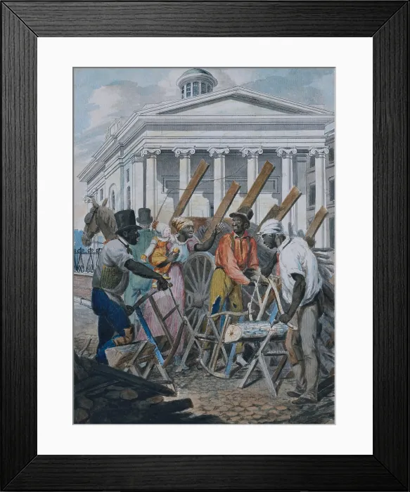 Framed Print : Black sawyers working in front of the Bank of Pennsylvania, Philadelphia, by John Lewis Krimmel, 1811-13. They are cutting firewood, which heated the cities homes and stoves Framed Print : Black sawyers working in front of the Bank of Pennsylvania, Philadelphia, by John Lewis Krimmel, 1811-13. They are cutting firewood, which heated the cities homes and stoves