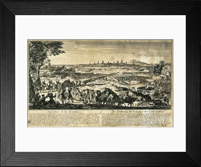 Framed Print : War of the Spanish Succession. Siege in Barcelona (1714). Engraving by Martin Engelbrecht after a drawing by Rigaud. Etching. SPAIN. Barcelona. Barcelona City History Museum
