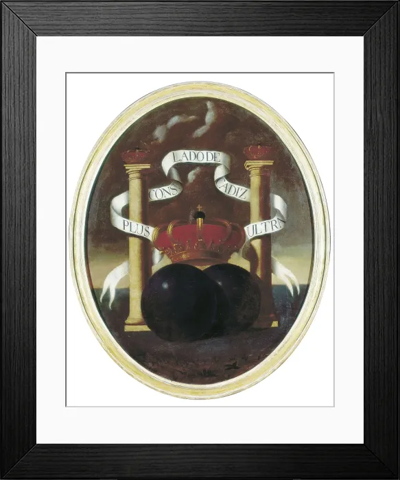 Framed Print : Spain (18th c.). Emblem of the Spanish transatlantic possessions and, later, of the city of Cdiz as a free harbour. Oil on canvas. SPAIN. Cdiz